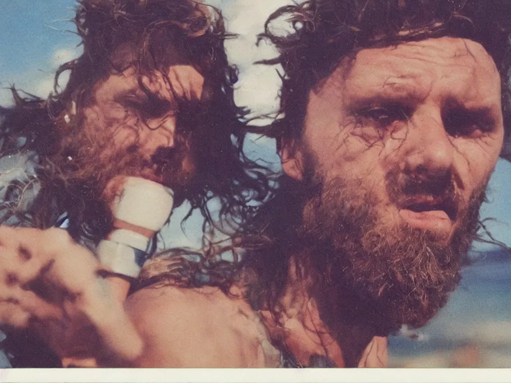 Image similar to jovanotti ravages the beaches of the adriatic coast crying, polaroid color photo, ultra realistic