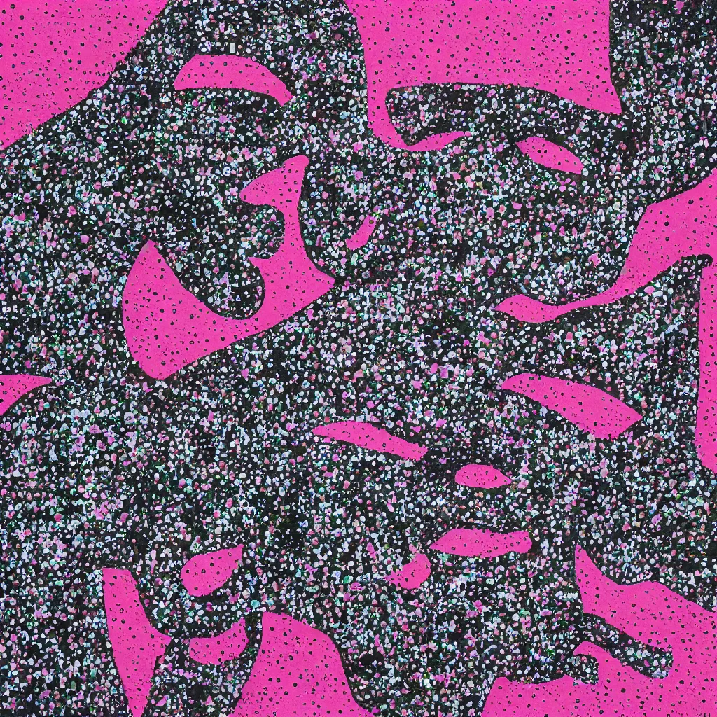 Image similar to camo made of out teeth, smiling, abstract, maya bloch artwork, pink convertible, do hoang tuong artwork, cryptic, dots, stipple, lines, splotch, color tearing, pitch bending, faceless people, dark, ominous, eerie, minimal, points, technical, old painting