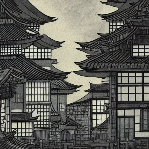 Image similar to a beautiful ink painting of buildings in japanese traditional style, in the style of hiroshi yoshida, at night, light effect, detailed, high - definition, exquisite isolated very detailed, moody lighting, 8 k highly detailed, trending on artstation