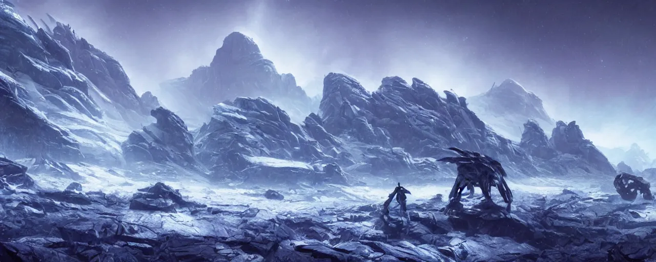 Image similar to ” glacier alien landscape, [ cold, cinematic, detailed, epic, widescreen, opening, establishing, mattepainting, photorealistic, realistic textures, octane render, art by slop and paul lehr ] ”