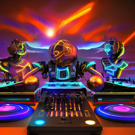 Image similar to album art, the band name is robo rock, trance music band with 3 steampunk robots on a dj desk with a cd mixer, 8 k, flourescent colors, halluzinogenic, multicolored, exaggerated detailed, front shot, 3 d render, octane