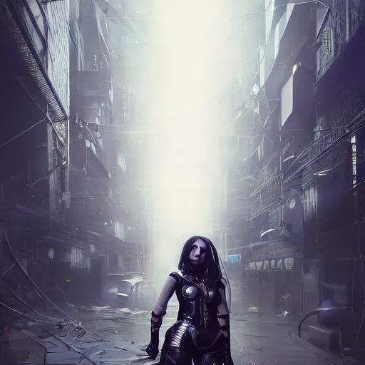 Prompt: epic photograph. Tokyo 2094. cyberpunk vampire girl, Army exoskeleton fashion, Robotic mech parts, Eye shine. dreadlocks, model standing, rim light, fill light. by greg rutkowski, by Gustave Dore, Octane render, hyper-realistic, 8K, art photography, denoised photorealistic render, insanely detailed intricateby charlie bowater, mandy jurgens, gustav klimt, octane render, 4k, high detail, by tom bagshaw, powerful