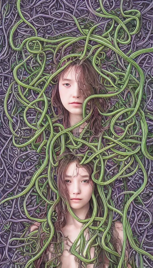 Prompt: very detailed portrait of a 2 0 years old girl surrounded by tentacles, the youg woman visage is blooming from fractal and vines, by yoshitaka amano,