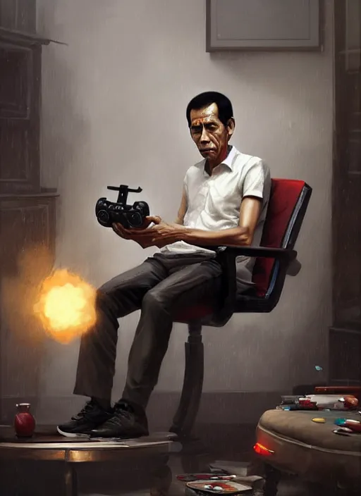 Image similar to portrait of jokowi playing playstation. highly detailed, digital painting, concept art, smooth, sharp focus, illustration, art by greg rutkowski