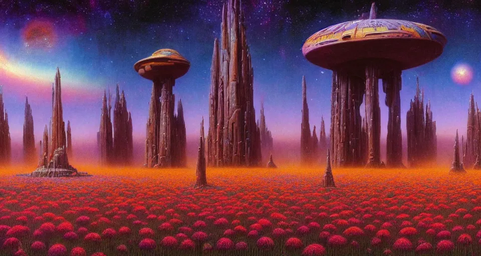 Image similar to a beautiful cinematic view of a large up close 3 d mystical alien shrine in a field of multicolored flowers, underneath a star filled night sky, harold newton, zdzislaw beksinski, donato giancola, warm coloured, gigantic pillars and flowers, maschinen krieger, beeple, star trek, star wars, ilm, atmospheric perspective