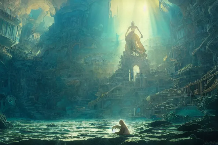 Prompt: a beautiful painting of the lost city of Atlantic city under water, ray of sunlight, mermaid in distance, Greg Rutkowski, Moebius, Mohrbacher, Mucha, blue and gold color scheme