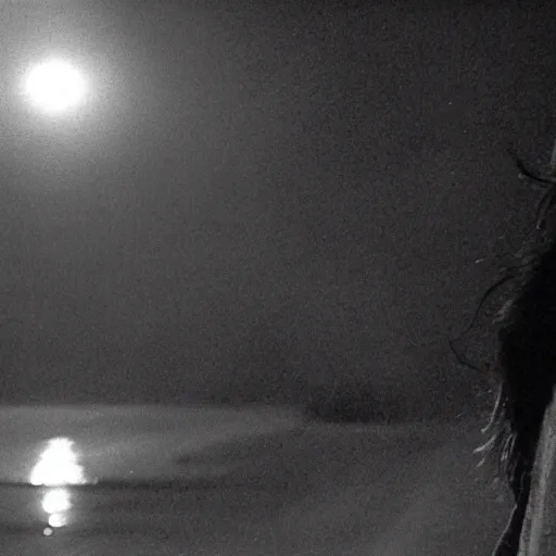 Prompt: film still of a young female decaying with the thought of her life ahead of her, despondent, waiting in search of some other place, moonlit night, cinematography by sven nykvist