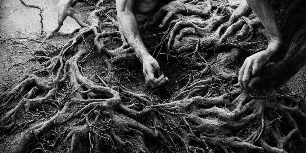 Image similar to ego perspective photography of own hands, rotting, getting overgrown by roots, forest, dolomites, alpine, detailed intricate insanely detailed octane render, 8k artistic 1920s photography, photorealistic, black and white, chiaroscuro, hd, by David Cronenberg, Raphael, Caravaggio