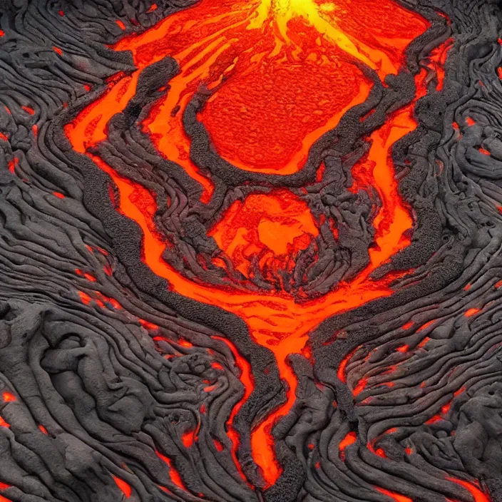 Prompt: wide angle shot of volcano in the form of the punisher icon with flowing fountains and rivers of lava. detailed, high art, intricate, artisan