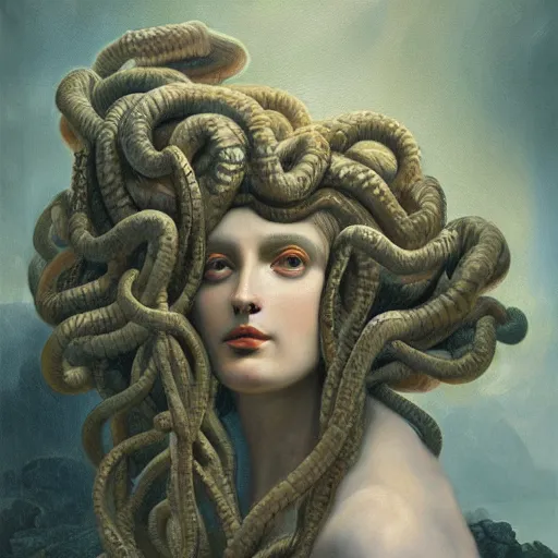 Prompt: Oil painting of medusa gorgo with many faces in her hairs, dramatic lighting, in the style of Ivan Kramskoi, masterpiece, 4k - n 6