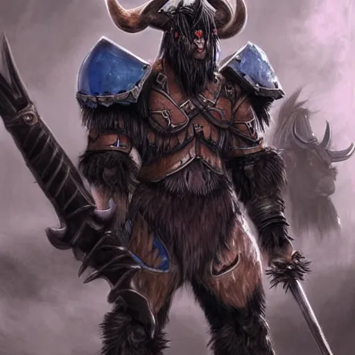 Prompt: minotaur tauren warrior, black fur blue eyes, plate armor battle axe, fantasy concept art