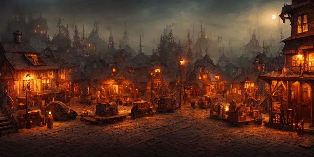 Image similar to a small steampunk wooden village, rich, cyborgs, dark aesthetic, soft colours, natural, steam, big clocks, concept art, octane render, unreal engine, in the style of luca guadagnino, highly detailed, high quality, artstation, digital art, 8 k hdr, cinematic, dramatic lighting, scenic, rich colour scheme