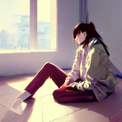 Image similar to A ultradetailed beautiful panting of a stylish girl sitting on the floor of a messy apartment, she is wearing an oversized jacket, Oil painting, by Ilya Kuvshinov, Greg Rutkowski and Makoto Shinkai