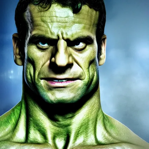 Image similar to emmanuel macron as the hulk, superhero movie still, 4 k