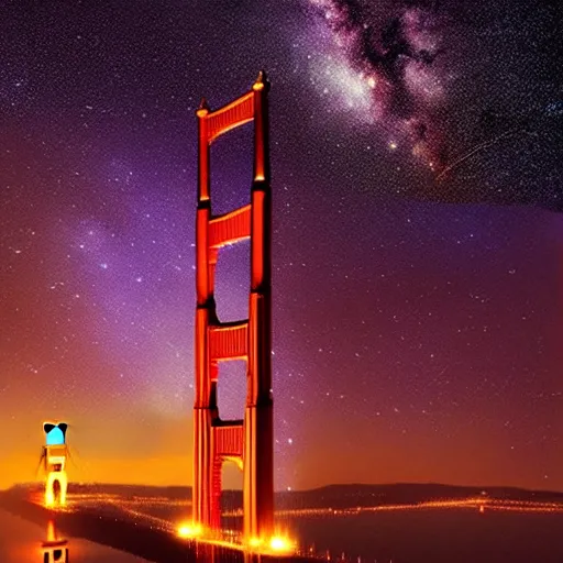 Prompt: Twin Towers between towers is a distant Golden Gate Bridge, glowing black hole in the night sky in front of the Milky Way, red-hooded magicians casting purple colored spells towards the towers, white glowing souls flying out of the towers to the black hole in the style of The Lord of the Rings