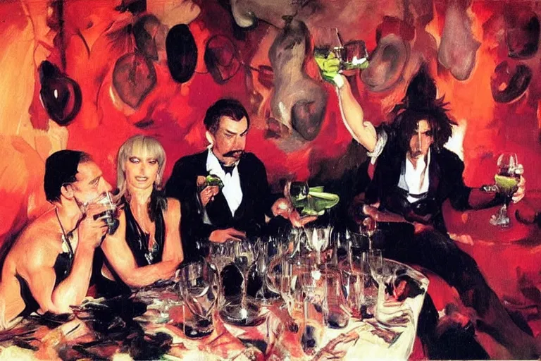 Image similar to glam rockers drinking brutal and raw wine, inside a green cave with red lights by joaquin sorolla, phil hale, extremely detailed