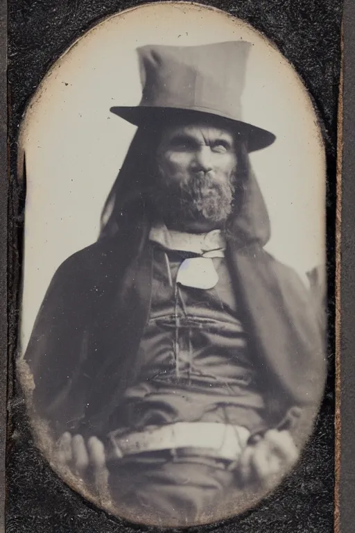 Prompt: a tintype photo of a dark and evil wizard