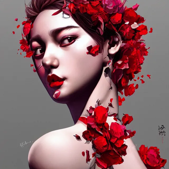 Prompt: studio portrait absurdly beautiful, elegant, graceful, young hypercolorful sensual gravure idol rubies and red petals, ultrafine hyperrealistic detailed face illustration by kim jung gi, irakli nadar, intricate linework, sharp focus, bright colors, matte, octopath traveler, final fantasy, unreal engine highly rendered, global illumination, radiant light, intricate environment