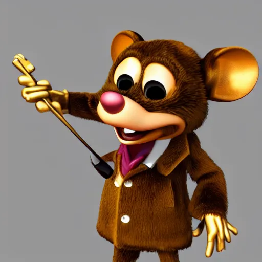 Image similar to 3d anthropomorphic rat, disney pixar, holding tommy gun, velvet, fur coat, high quality, golden necklace, fendi, high fashion