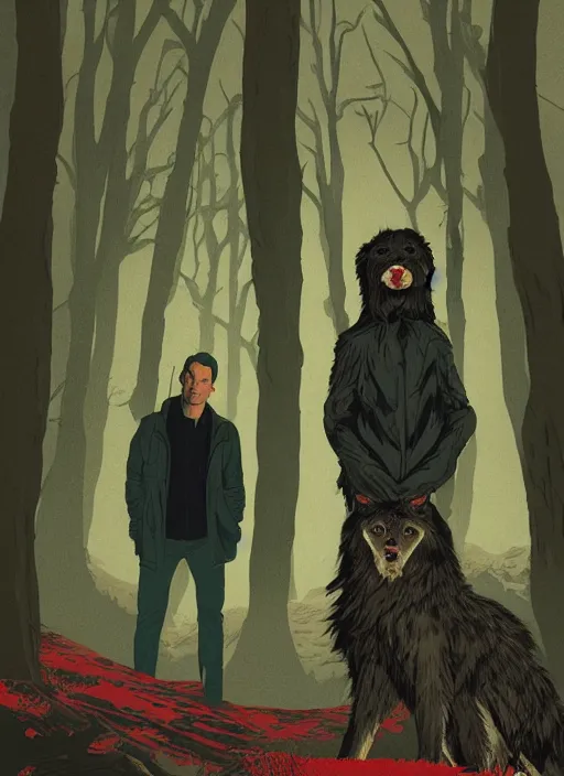 Prompt: Twin Peaks poster art, of Michael Shannon the mechanic discovering a man dressed as a Furry in the woods, mysterious creepy, poster artwork by Michael Whelan, Bob Larkin and Tomer Hanuka, from scene from Twin Peaks, simple illustration, domestic, nostalgic, from scene from Twin Peaks, clean, full of details, by Makoto Shinkai and thomas kinkade, Matte painting, trending on artstation and unreal engine