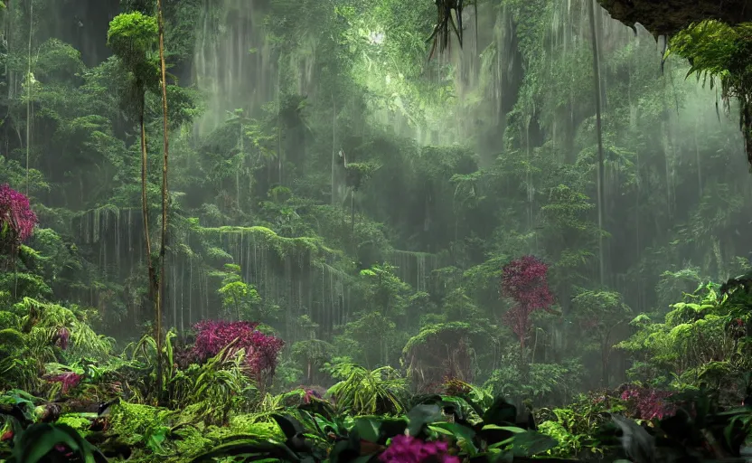 Image similar to a beautiful render of a dark prehistoric rainforest in a humongous cave, lush flora, patches of sky, magenta, green, sunset, floating mountains and a waterfall in the background, intricate detail, hazy, humid, volumetric lighting, 8 k, photorealistic, raytracing effects, unreal engine 5