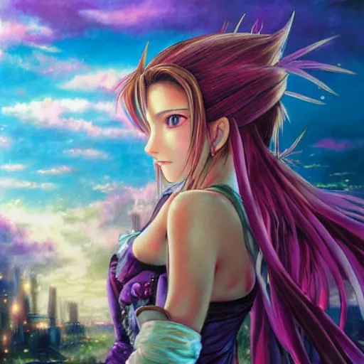 Image similar to a dreamy colorful drawing of aerith gainsborough from from final fantasy 7 with the steam punk city midgard as backdrop by master artist yoshitaka amano