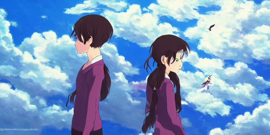 Image similar to a teenage girl flying among the clouds, anime drawing in the style of Makoto Shinkai