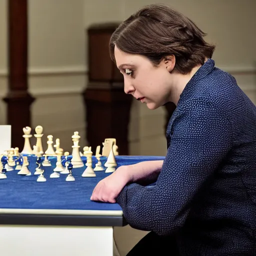 Image similar to actress rachel bloom playing chess against president george w. bush, 4 th game of world chess championship 2 0 2 1, super high quality digital photograph dslr