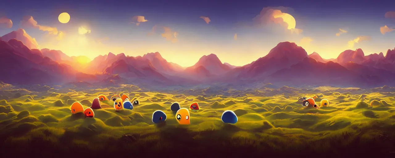 Image similar to detailed round pacman, with ghosts, in a beautiful nature landscape with clouds, mountains, in background, sunset, by rhads, round pacman, detailed, coherent