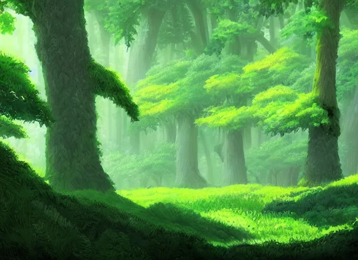 Prompt: A lush green forest by Ghibli Studio, digital art