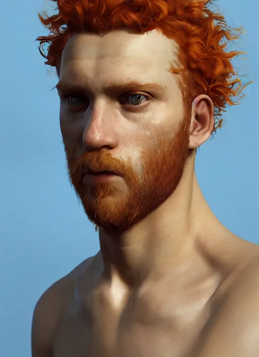 Image similar to portrait of a curly orange hair man, au naturel, hyper detailed, digital art, trending in artstation, cinematic lighting, studio quality, smooth render, unreal engine 5 rendered, octane rendered, art style by klimt and nixeu and ian sprigger and wlop and krenz cushart.