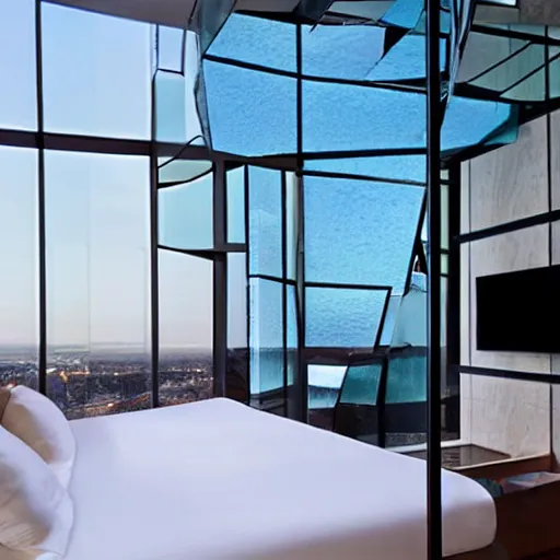 Prompt: a hotel room made entirely of glass