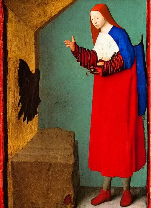 Image similar to Flying Fallen Angel with wings dressed in red, Medieval painting by Jan van Eyck, Johannes Vermeer, Florence