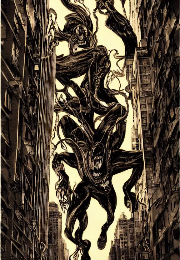 Image similar to venom in a new york alley at night by lee bermejo and simon bisley