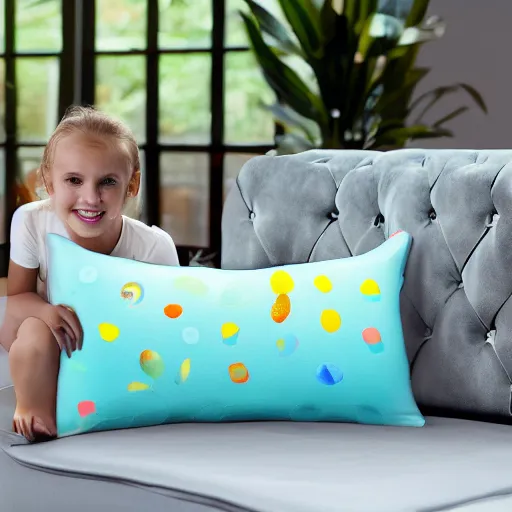 Image similar to Photograph of comfortable memory foam pillows designed by children, fun design, bright print, 8K HD, product shot