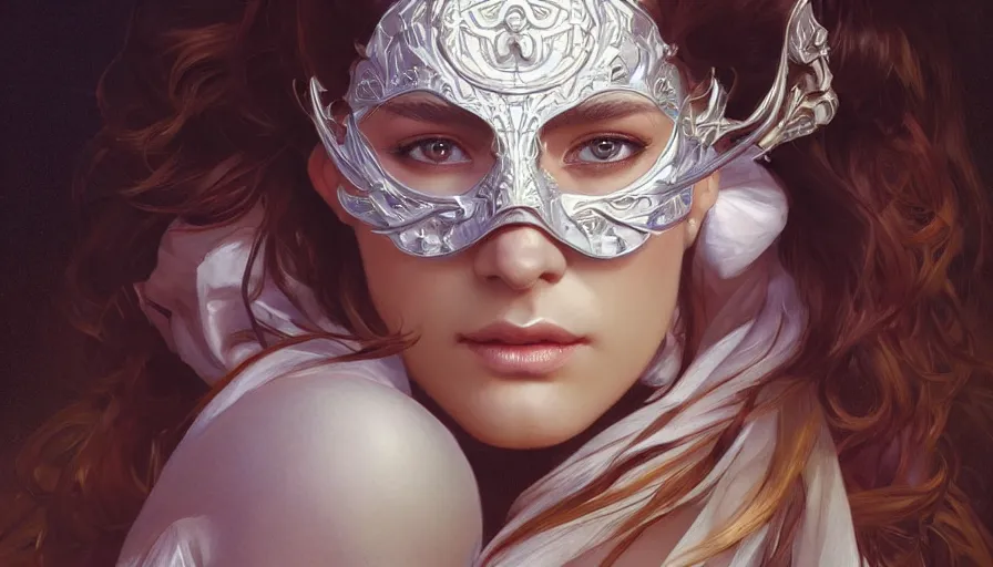 Image similar to masked, perfectly-centered-Portrait of the most beautiful woman on the planet , evil, intricate, highly detailed, digital painting, artstation, concept art, smooth, sharp focus, illustration, Unreal Engine 5, 8K, art by artgerm and greg rutkowski and alphonse mucha