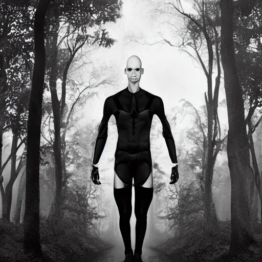 Prompt: portrait of a 1 5 foot tall, muscular, bald, smooth, extremely pale, androgynous humanoid with a perfectly symmetrical face, fully dressed in black body armour, in the background is a dense and foggy forest of trees, intricate detail, smooth, sharp focus, monochrome, high contrast, art by roberto robert,