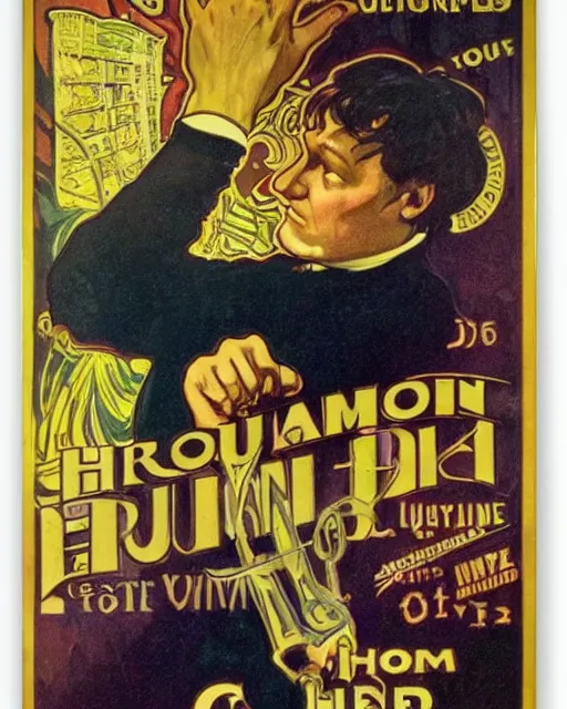 Prompt: of vintage poster of harry houdini by kerne erickson and alphonse mucha