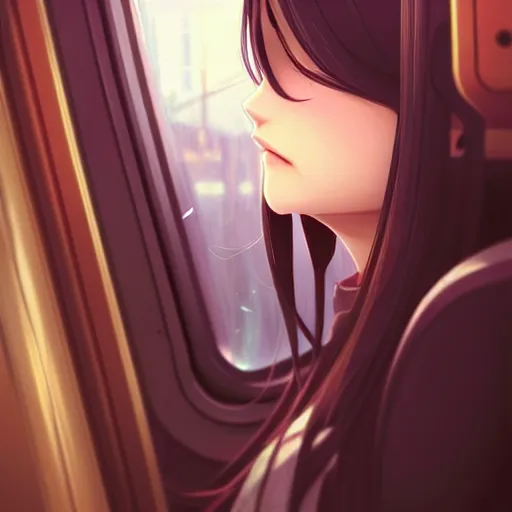 Image similar to a beautiful girl with long dark hair, sitting alone inside of a train, sharp focus, intricate, digital painting, artstation, official media, anime key visual, highly detailed, rich vivid colors, ambient lighting, illustration, art by Artgerm, Makoto Shinkai, Ilya Kuvshinov, Lois Van Baarle, and Rossdraws