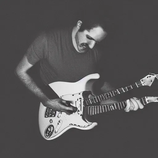 Prompt: Peperami man playing the guitar at a smokey nightclub grainy black and white photograph