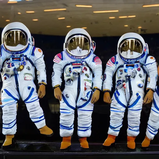 Image similar to 5 space astronauts in spacesuits of different colors, running in a relay race in a stadium, olympic games