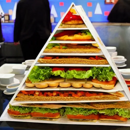 Prompt: a pyramid made of burgers