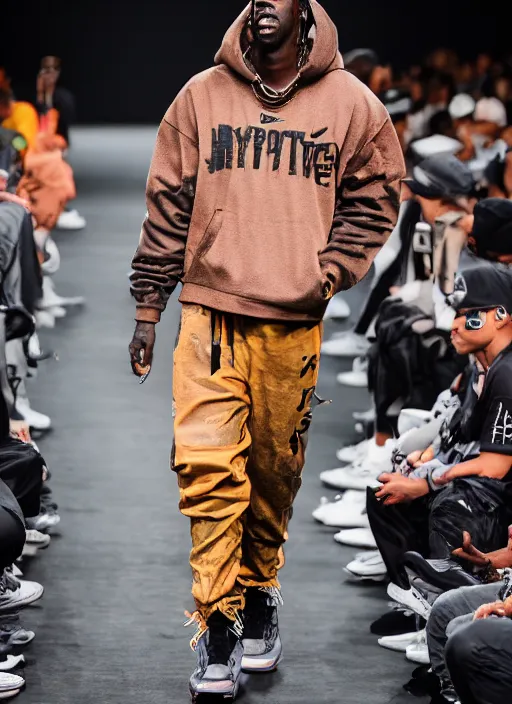 Image similar to hyperrealistic and heavy detailed nike runway show of travis scott, leica sl 2 5 0 mm, vivid color, high quality, high textured, real life