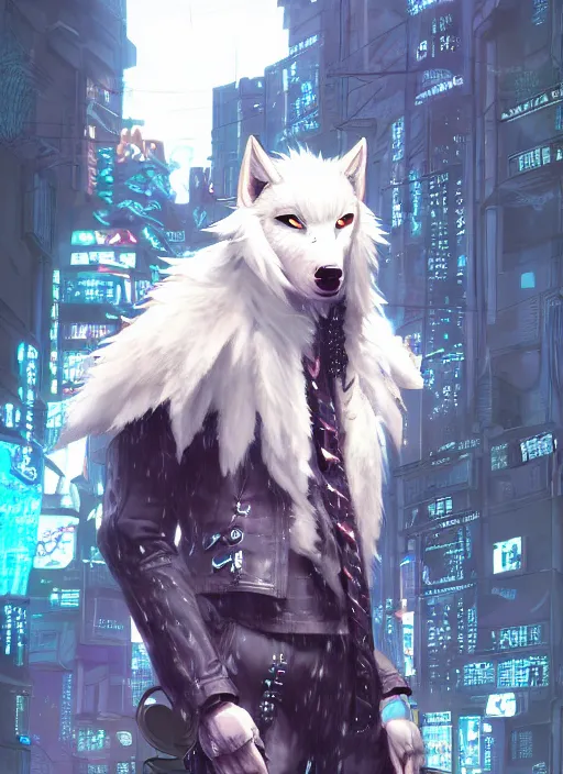 Image similar to character portrait of a male anthro albino wolf fursona with a tail and a cute beautiful attractive detailed furry face wearing stylish cyberpunk clothes in a cyberpunk city at night while it rains. hidari, color page, tankoban, 4K, tone mapping, Akihiko Yoshida. Nomax, Kenket, Rukis.