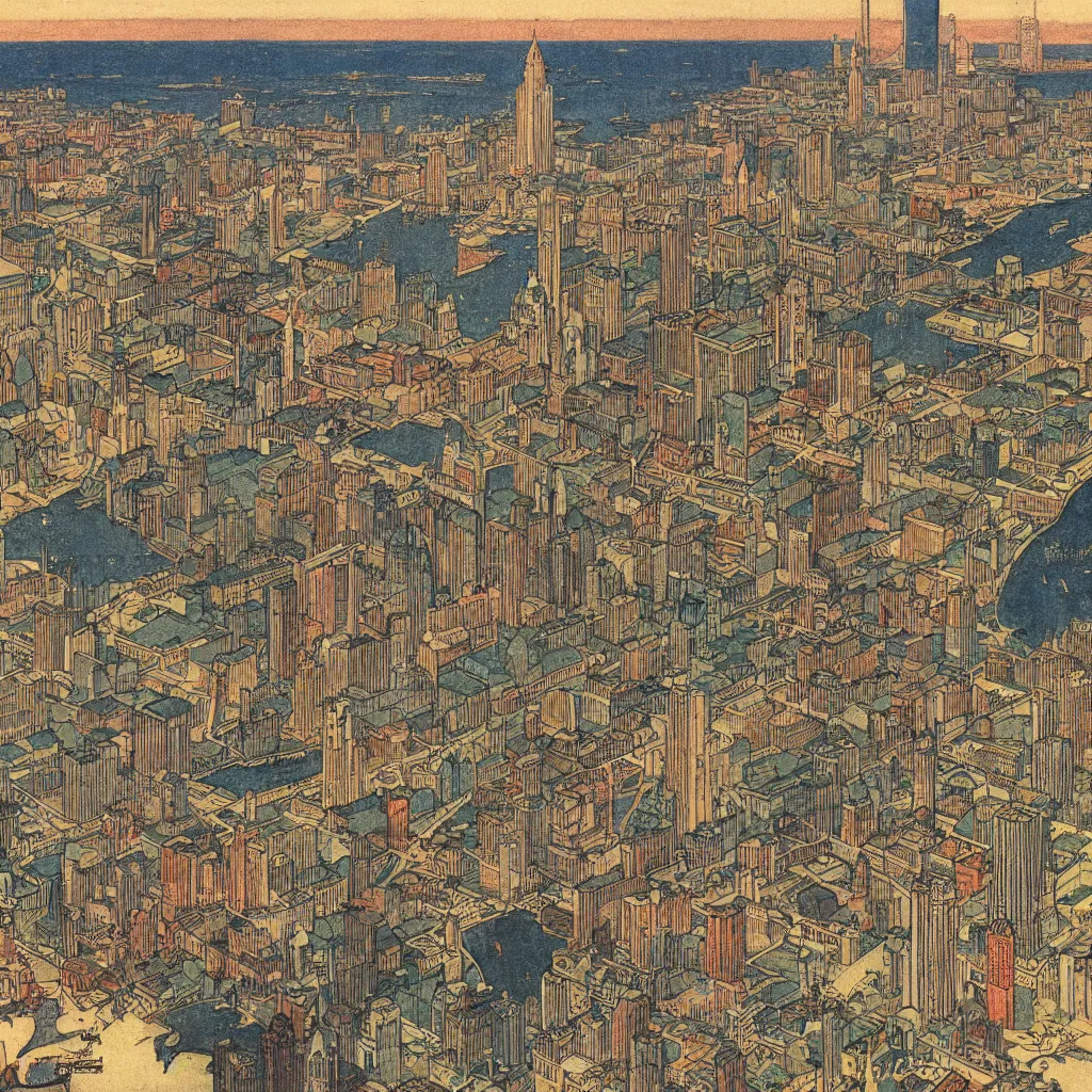 Image similar to highly detailed illustration of the milwaukee skyline, by edmund dulac and android jones, scans from museum collection