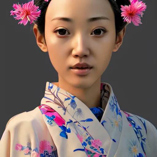 Image similar to centered portrait of a slight happy cybernetic 3D natural beautiful Japanese girl in kimono, hyperdetailed, digital painting, trending on Artstation, cel-shading style, CG society, hyperdetailed, digital painting, hypermaximalist, golden ratio, volumetric, octane render, weta digital, micro details, 3d sculpture