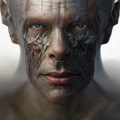 Prompt: centered front face portrait art of an ultradetailed evil neuronal cyborg, by greg rutkowski and Zdzisław Beksiński, illustration, photorealistic, 8k, intricate, futuristic, dramatic light, trending on cg society