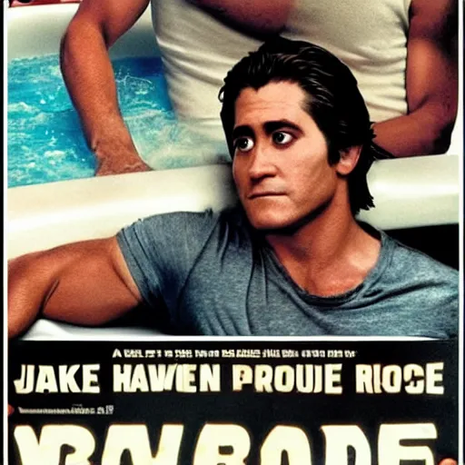 Image similar to a movie poster of Jake Gyllenhaal as patrick Swayze sitting in a hot tub in the movie Road House