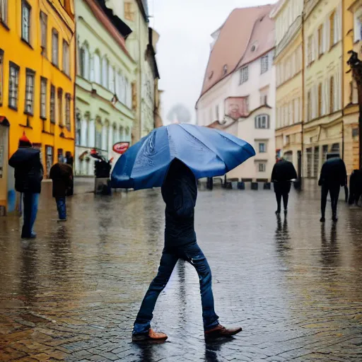 Prompt: an alien walks on a rainy street in prague, dlsr 5 5 mm