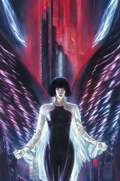 Image similar to white arc-angel with mystic robotic wings, blade runner, akira, ghost in the shell, 2077, ultra detailed, digital art, 8k ,character ,realistic, portrait, hyperrealistic